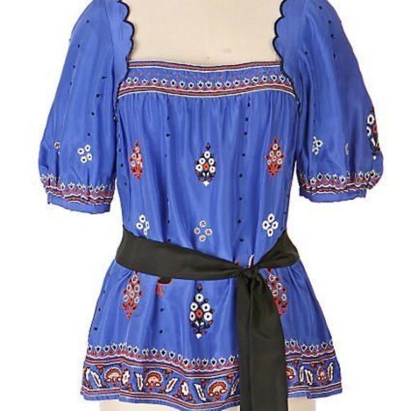 LITHE Anthropologie Embroidered Silk Peacock Boho Peasant Top - Picture 7 of 7